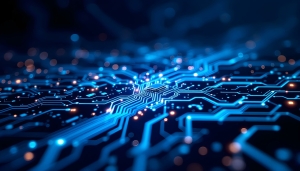 Hightech-Leiterplattenhintergrund, abstrakte Präsentationen digitaler Technologie, elektronische Komponenten, digitale Infrastruktur, blaues Tech-Thema, Hintergrundbild zur Erweiterung der modernen Elektronikentwicklung.