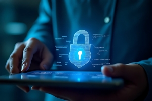 Sicherheitsexperte verwaltet die Cybersicherheit auf einem Tablet und legt dabei Wert auf den digitalen Datenschutz.