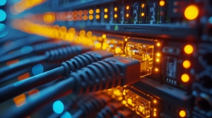 Internet-LAN-Kabel in einem modernen Serverraum. Zum Speichern und Übertragen von Informationen über ein sicheres Internet-Technologienetzwerk.