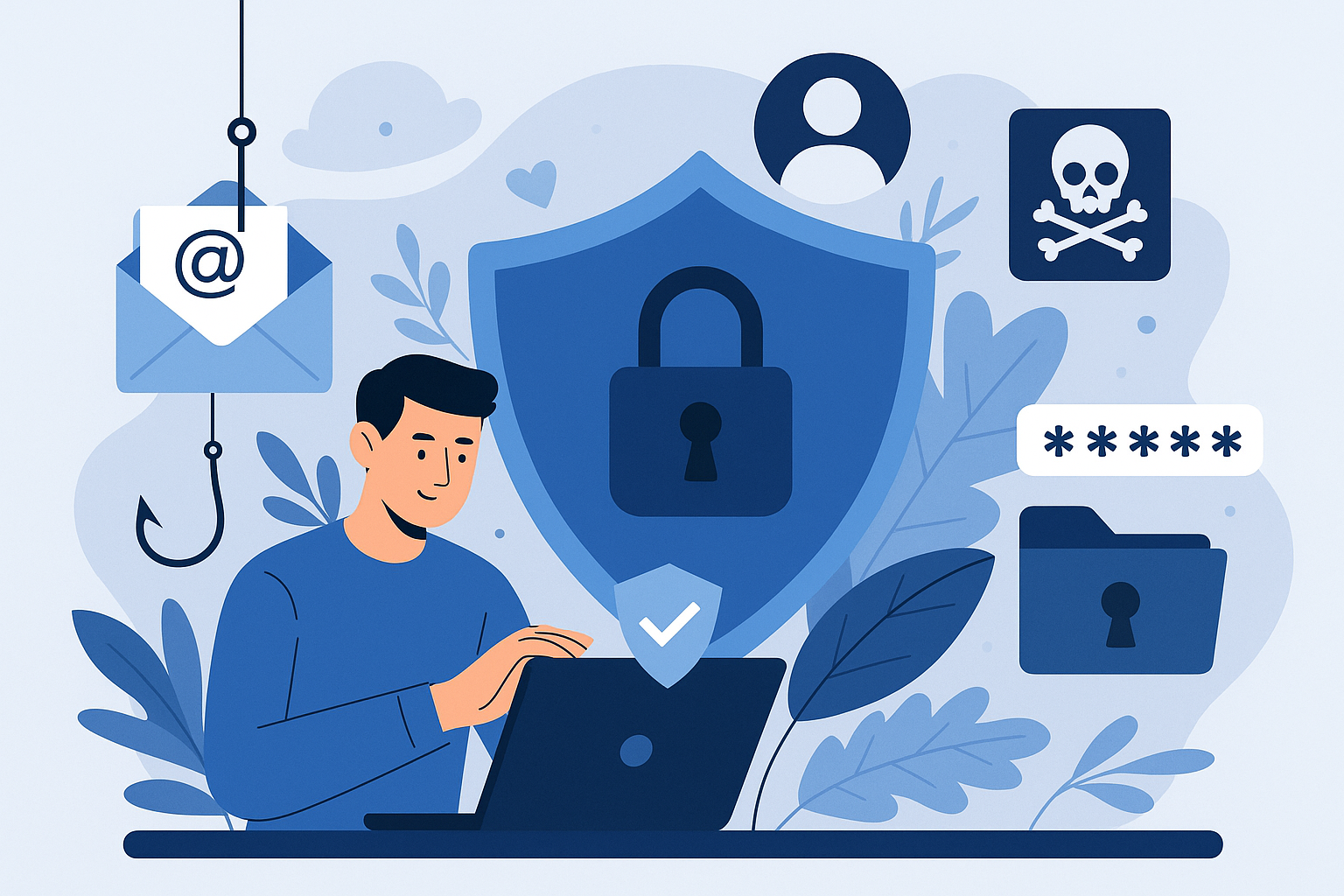 Illustration eines digitalen Netzwerks mit Personen und Sicherheits-Symbolen – Darstellung von IT-Sicherheit und Cyberabwehr im modernen Stil.