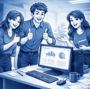 Drei Menschen stehen mit Daumen hoch vor dem Computer