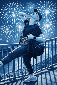 Person mit Feuerwerk im Hintergrund