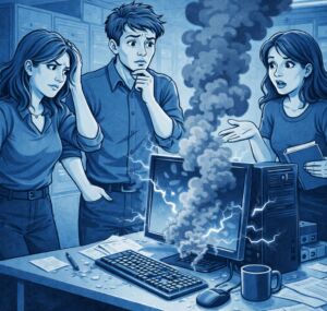 Menschen stehen vor kaputten Computer