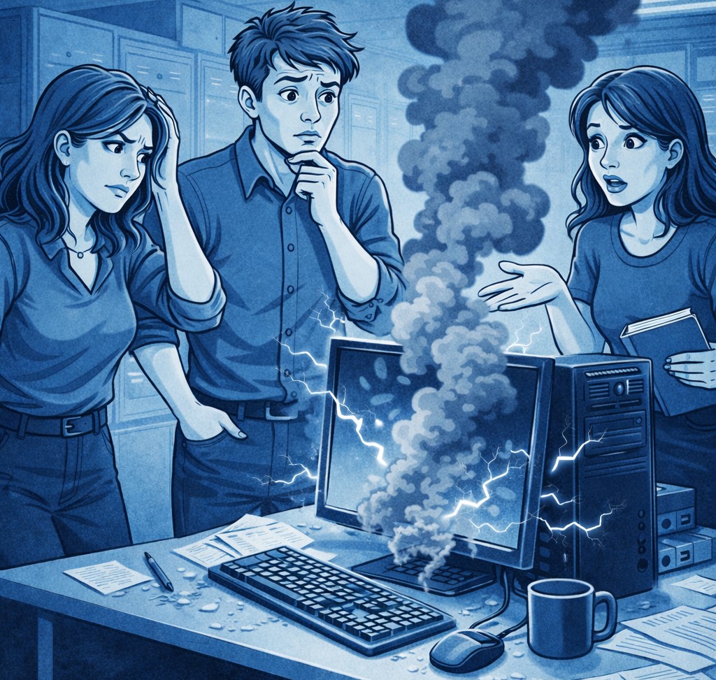 Menschen stehen vor kaputten Computer